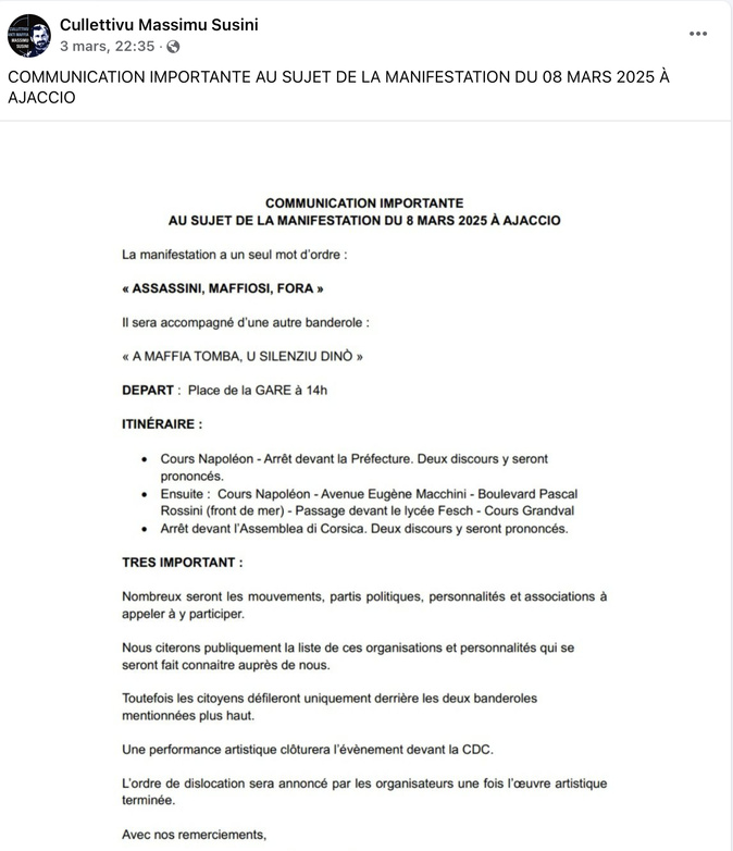Manifestation anti-mafia à Ajaccio : une mobilisation attendue, mais peu de soutiens politiques Manifestation anti-mafia à Ajaccio : une mobilisation attendue, mais peu de soutiens politiques