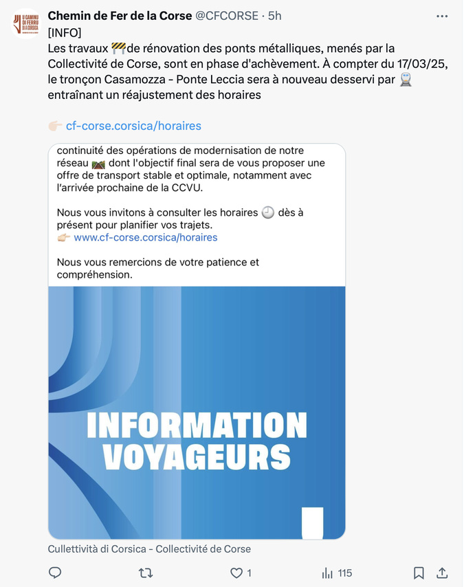 Le train entre Casamozza et Ponte-Leccia reprend du service après plusieurs mois d'interruption Le train entre Casamozza et Ponte-Leccia reprend du service après plusieurs mois d'interruption