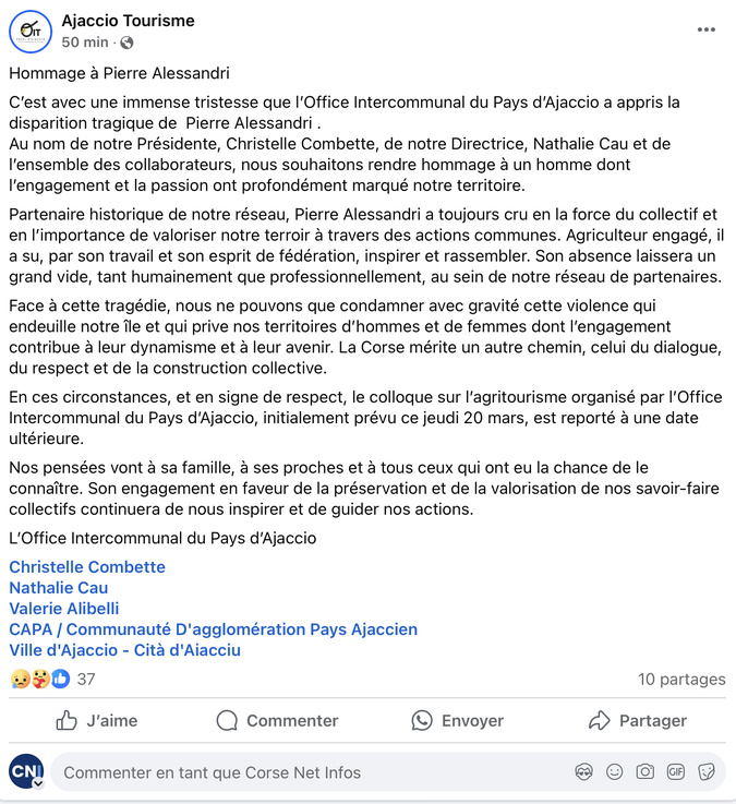 "A Corsica more di e so strage è di quelli chì cercanu à lampà la in lu foscu" : une vague d’hommage après l'assasinat de Pierre Alessandri "A Corsica more di e so strage è di quelli chì cercanu à lampà la in lu foscu" : une vague d’hommage après l'assasinat de Pierre Alessandri