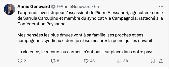 "A Corsica more di e so strage è di quelli chì cercanu à lampà la in lu foscu" : une vague d’hommage après l'assasinat de Pierre Alessandri "A Corsica more di e so strage è di quelli chì cercanu à lampà la in lu foscu" : une vague d’hommage après l'assasinat de Pierre Alessandri