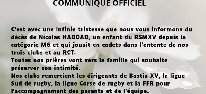 Nicolas (15 ans), le jeune rugbyman varois blessé lors d'un match à Bastia, est décédé Nicolas (15 ans), le jeune rugbyman varois blessé lors d'un match à Bastia, est décédé
