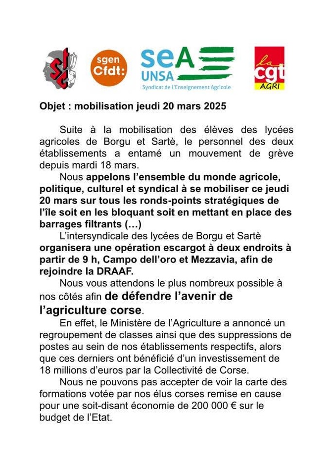 Réforme des lycées agricoles : vers un durcissement de la mobilisation en Corse Réforme des lycées agricoles : vers un durcissement de la mobilisation en Corse