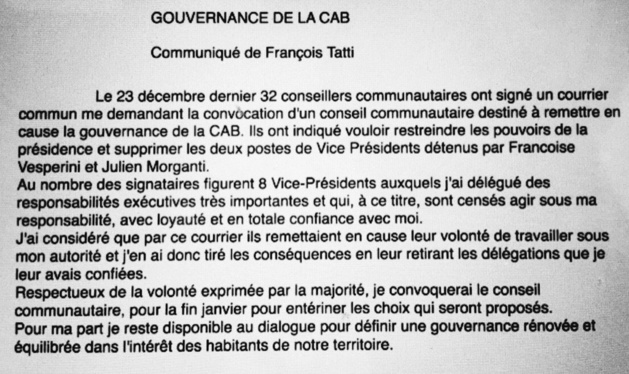 Communauté d'agglomération de Bastia : François Tatti retire leurs délégations à 8 vice-présidents Communauté d'agglomération de Bastia : François Tatti retire leurs délégations à 8 vice-présidents