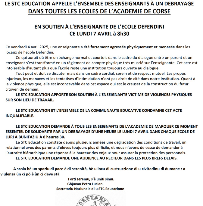 Agression d’une enseignante à Bastia : le STC Éducation appelle à un débrayage dans toutes les écoles de Corse Agression d’une enseignante à Bastia : le STC Éducation appelle à un débrayage dans toutes les écoles de Corse