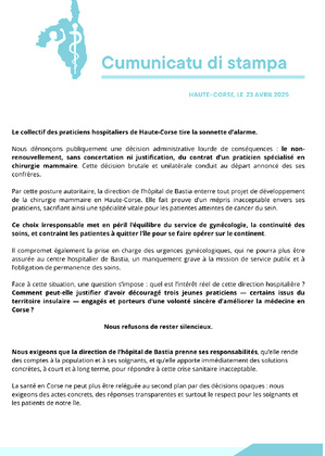 Bastia : vives tensions après le non-renouvellement d’un médecin à l’hôpital Bastia : vives tensions après le non-renouvellement d’un médecin à l’hôpital