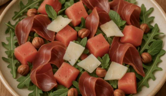 À table : Salade de pastèque, tomme de brebis, prisuttu et menthe À table : Salade de pastèque, tomme de brebis, prisuttu et menthe