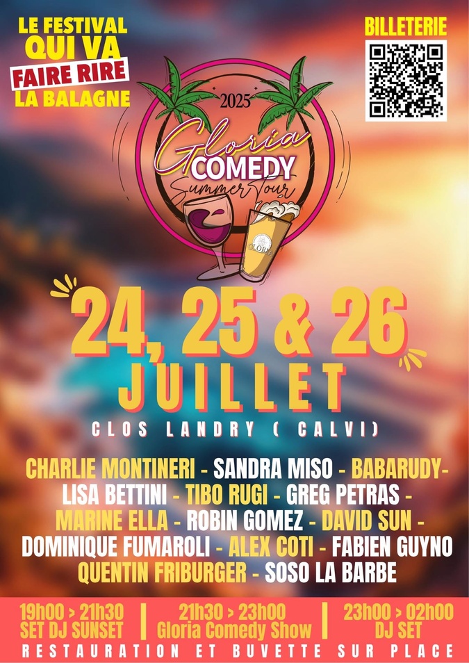 Calvi : Gloria Comedy Summer Tour : dernière soirée ce samedi au Clos Landry Calvi : Gloria Comedy Summer Tour : dernière soirée ce samedi au Clos Landry