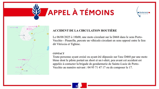Un motard décède dans un accident à Sainte-Lucie de Porto-Vecchio : la gendarmerie lance un appel à témoins Un motard décède dans un accident à Sainte-Lucie de Porto-Vecchio : la gendarmerie lance un appel à témoins