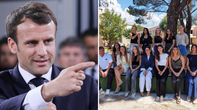 Emmanuel Macron a personnellement tenu à saluer le travail pédagogique réalisé par les jeunes filles qui étaient en Terminale l'an dernier à Porto-Vecchio, et de leur professeur Franck Canu. PHOTOS ARCHIVES MICHEL LUCCIONI ET CNI