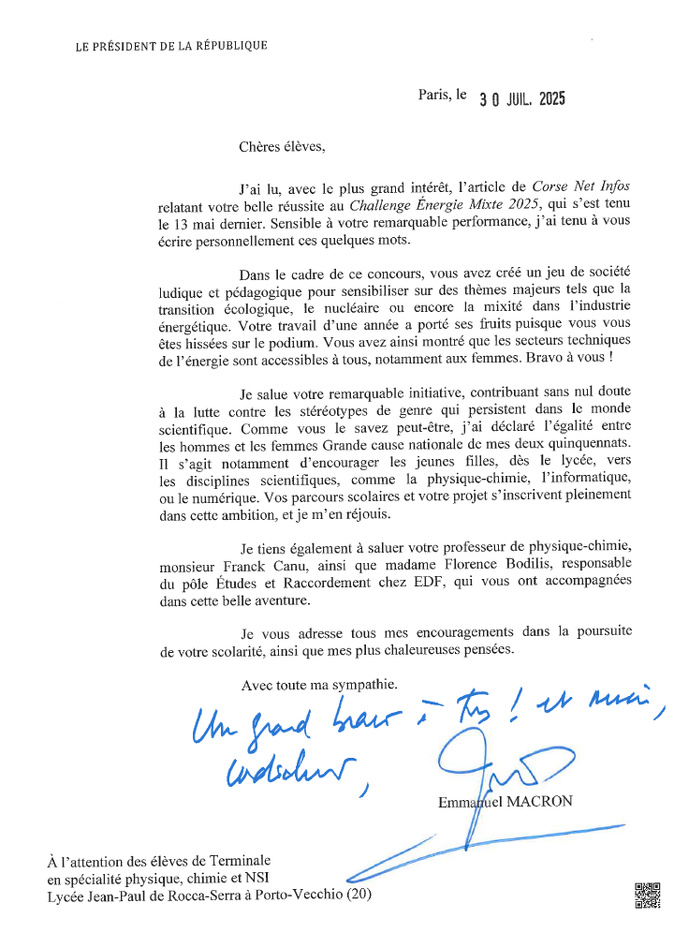 La lettre signée Emmanuel Macron, en date du 30 juillet 2025.
