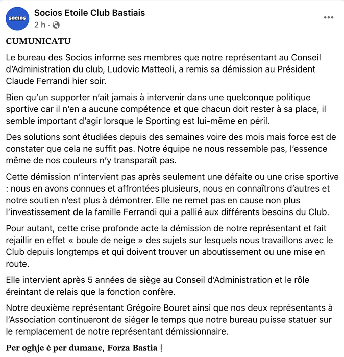 Les Socios du SC Bastia expriment leur inquiétude et annoncent une démission au sein du club