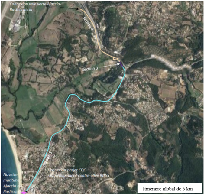 Le tracé du projet d'itinéraire cyclo-piéton reliant Bastelicaccia à Porticcio
