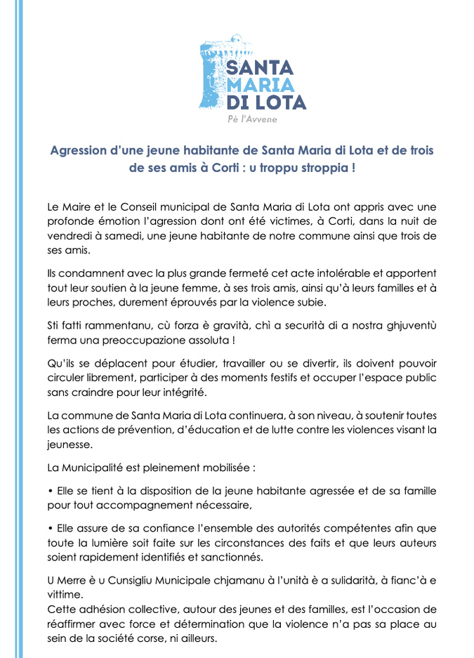 Agression à Corti : l’émotion et la condamnation de la commune de Santa-Maria di Lota
