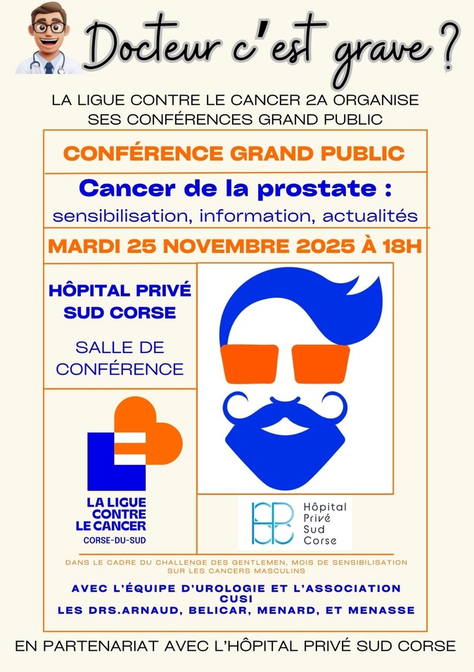 Ligue contre le cancer 2A : Une conférence ce soir à 18h à l'Hôpital Privé Sud Corse pour parler du cancer de la prostate