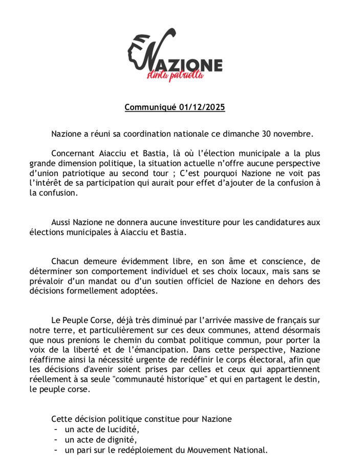 Nazione ne présentera pas de candidats aux municipales à Ajaccio et Bastia Nazione ne présentera pas de candidats aux municipales à Ajaccio et Bastia