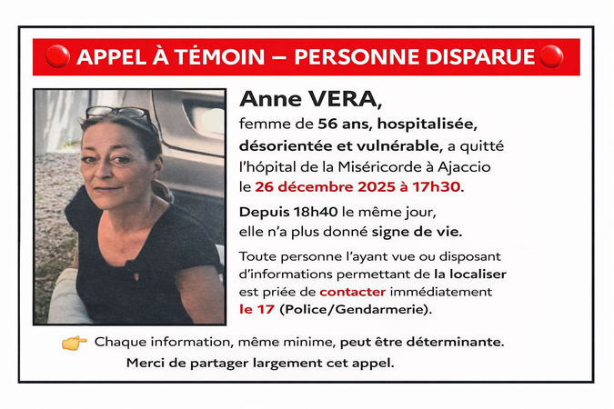 Ajaccio - Appel à témoins après la disparition d’Anne Vera, 56 ans Ajaccio - Appel à témoins après la disparition d’Anne Vera, 56 ans