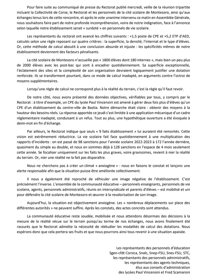 Cité scolaire de Montesoro - Les représentants des personnels d’éducation persistent et signent Cité scolaire de Montesoro - Les représentants des personnels d’éducation persistent et signent