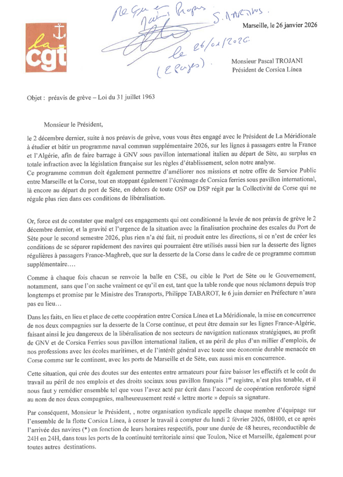 Les marins CGT de La Méridionale et Corsica Linea déposent un préavis de grève reconductible à partir du 2 février Les marins CGT de La Méridionale et Corsica Linea déposent un préavis de grève reconductible à partir du 2 février