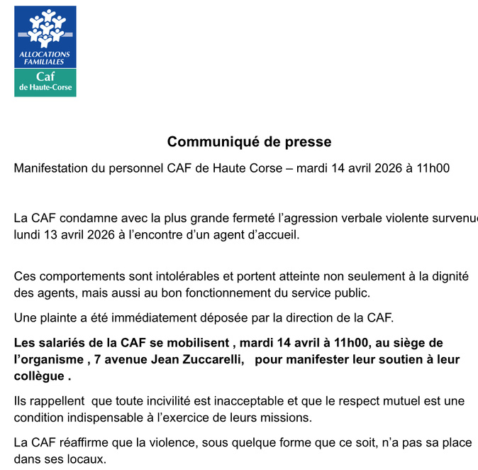 Bastia : mobilisation du personnel de la CAF après une agression verbale
