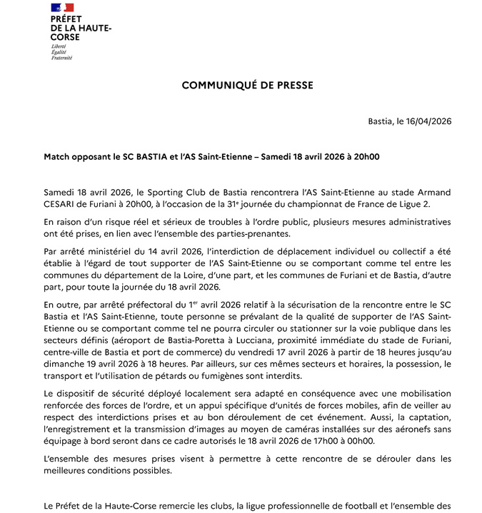 SC Bastia-AS Saint-Étienne : déplacement des supporters stéphanois interdit, sécurité renforcée SC Bastia-AS Saint-Étienne : déplacement des supporters stéphanois interdit, sécurité renforcée