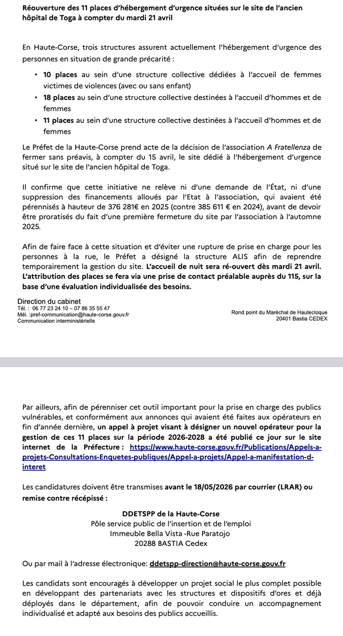 Hébergement d’urgence en Haute-Corse : l’État réagit après la fermeture brutale du site de Toga Hébergement d’urgence en Haute-Corse : l’État réagit après la fermeture brutale du site de Toga