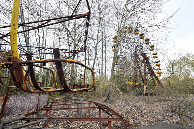 La ville fantôme de Pripiat, près de la centrale nucléaire de Tchernobyl, le 23 avril 2026. (YUMIKO KURASHIGE / YOMIURI / THE YOMIURI SHIMBUN VIA AFP)