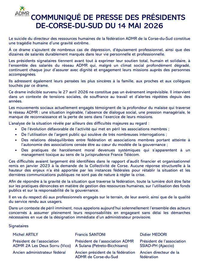 Drame à l’ADMR de Corse-du-Sud : trois anciens responsables réclament un administrateur provisoire