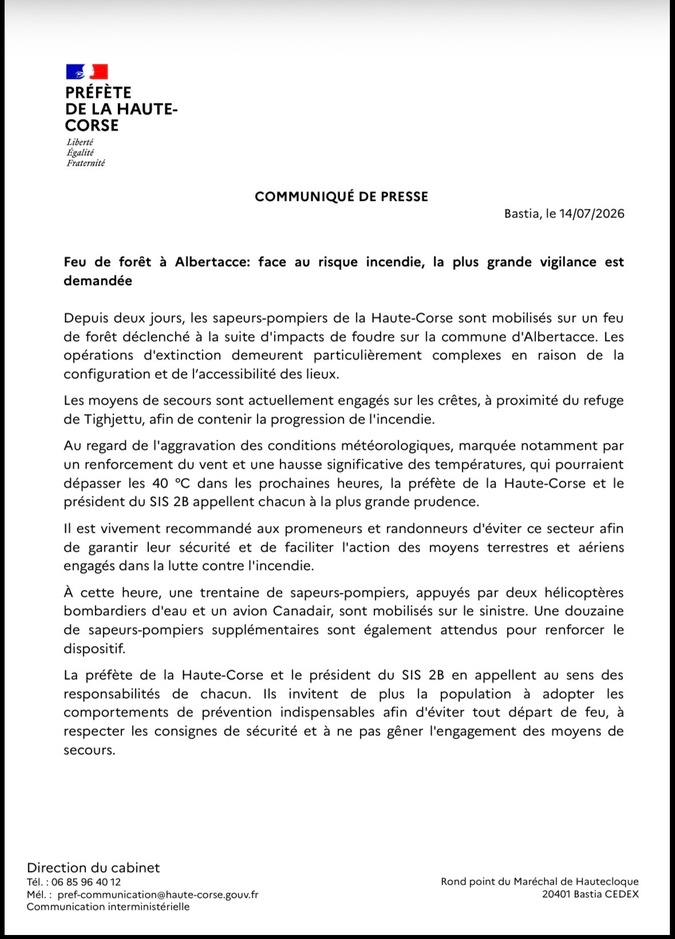 Feu de forêt à Albertacce : les autorités appellent à la plus grande vigilance