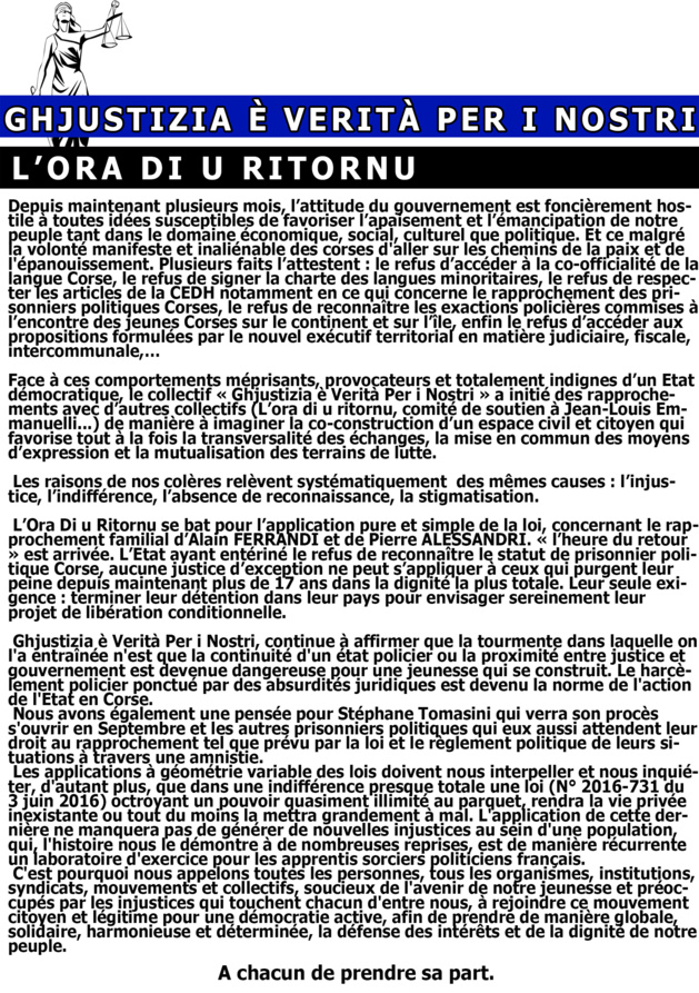 ‘L’Ora di u ritornu » et « Ghjustizia è Verità per i nostri » : Actions communes