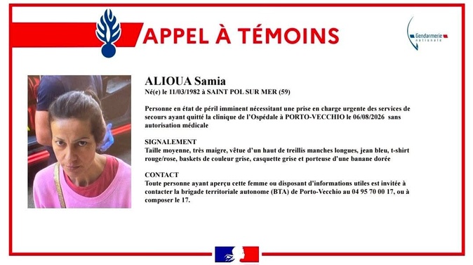 Porto-Vecchio - Une femme en état de péril imminent recherchée, la gendarmerie lance un appel à témoins