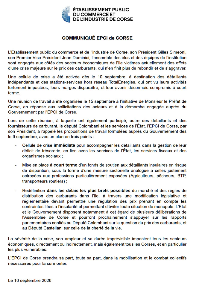 Crise des carburants en Corse : l’EPCI réclame un fonds de soutien pour les détaillants indépendants Crise des carburants en Corse : l’EPCI réclame un fonds de soutien pour les détaillants indépendants