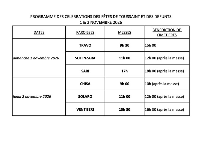 Unité Paroissiale de la Côte des Nacres - Programme des célébrations des fêtes de la Toussaint et des défunts 