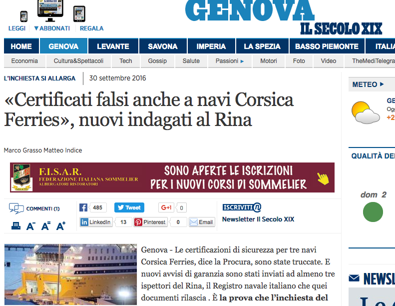Des inspecteurs du Rina suspectés d'avoir établi de faux certificats de sécurité pour trois navires de Corsica Ferries