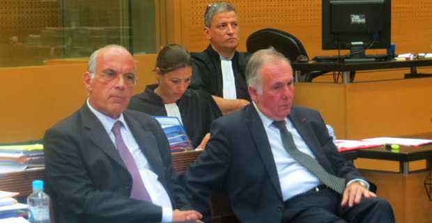 Jean-Pierre de Rocca Serra, ex-DGS du département de Corse du Sud, et Jean Jacques Panunzi, ex président et actuel sénateur. En arrière plan, Me Cynthia Costa-Sigrist.