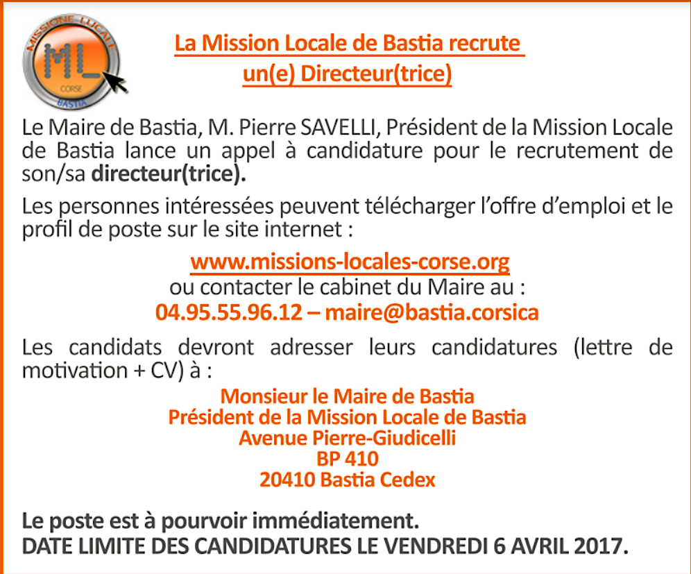 La Mission Locale de Bastia recrute un(e) directeur(trice)