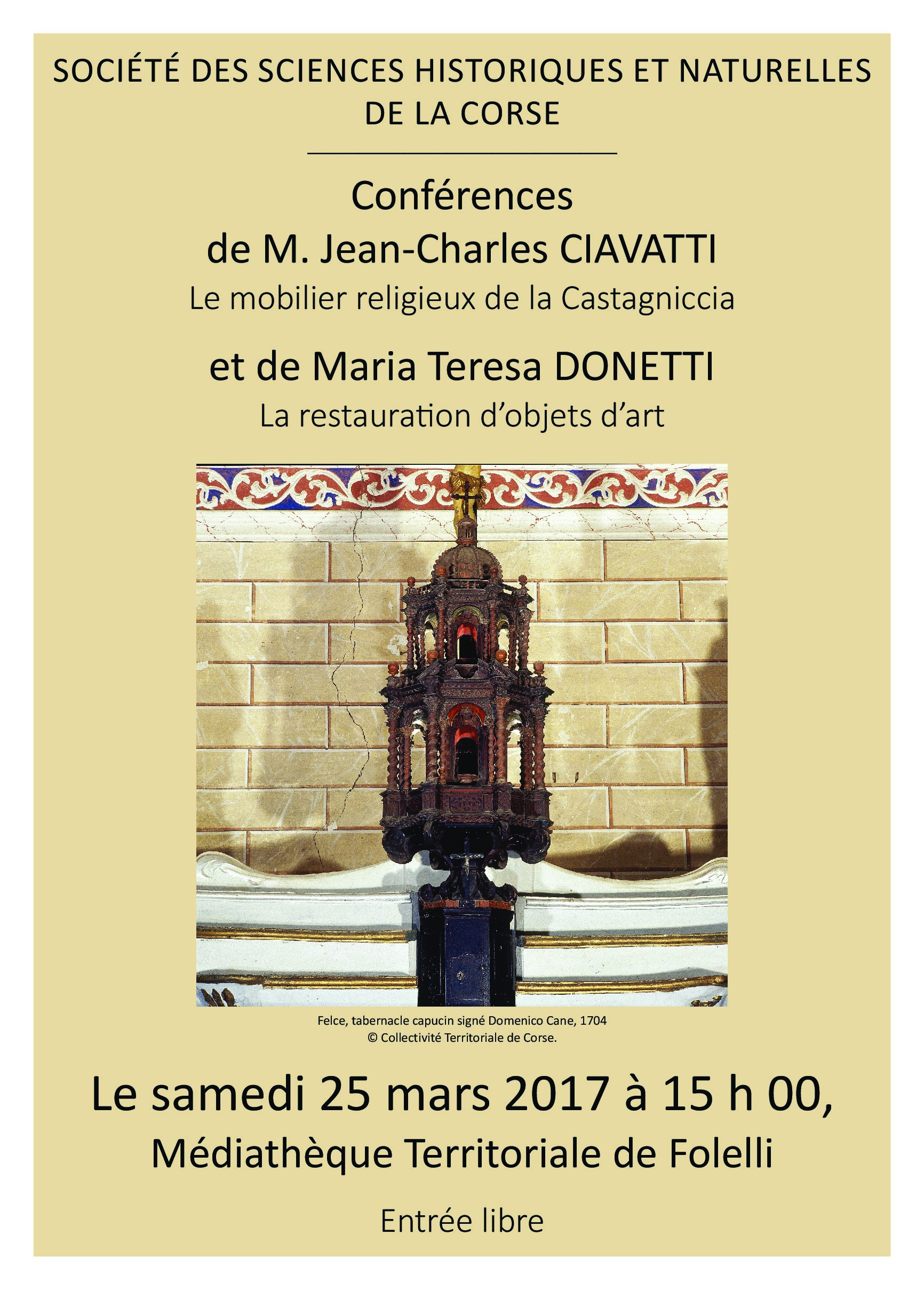 Folelli : Le mobilier religieux de la Castagniccia et la restauration d'objets d'art thèmes des  conférences de la Société des Sciences