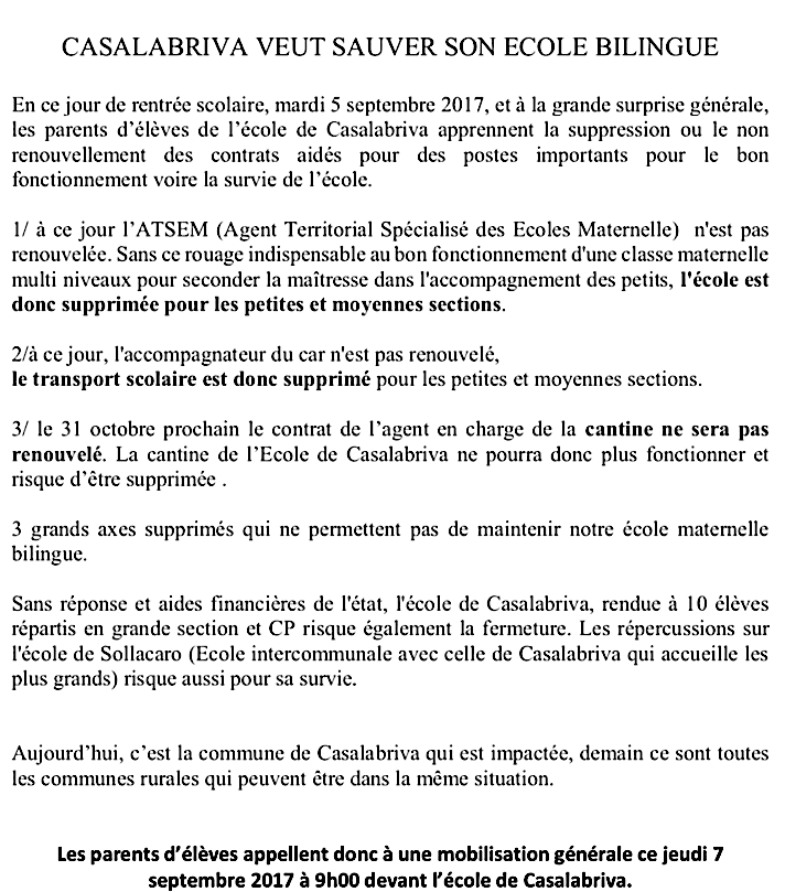 Rentrée : Apaisement à l'école Reynoard à Bastia, tension à Casalabriva