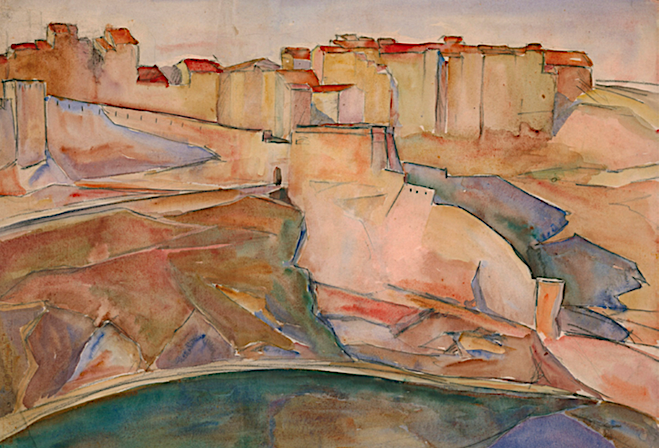 : Du haut des falaises, Lydia Nicanorova , aquarelle sur Papier, 37,5 x 50,5 cm, exposée en 1930 Galerie René Zivy