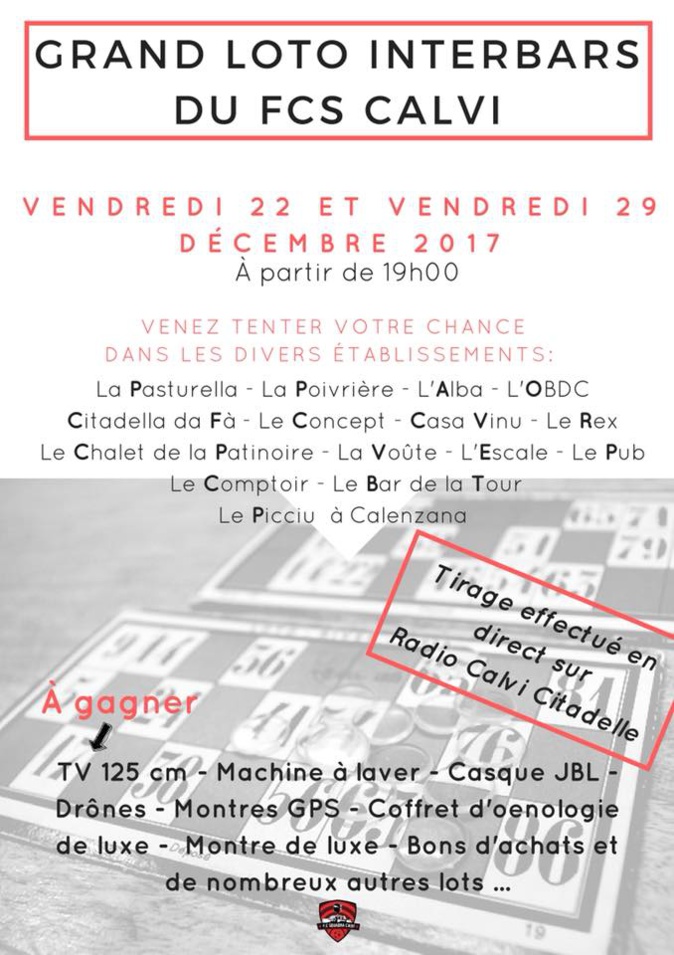 De nombreux lots pour le loto inter bars du Football Club Squadra Calvi qui débute ce vendredi 