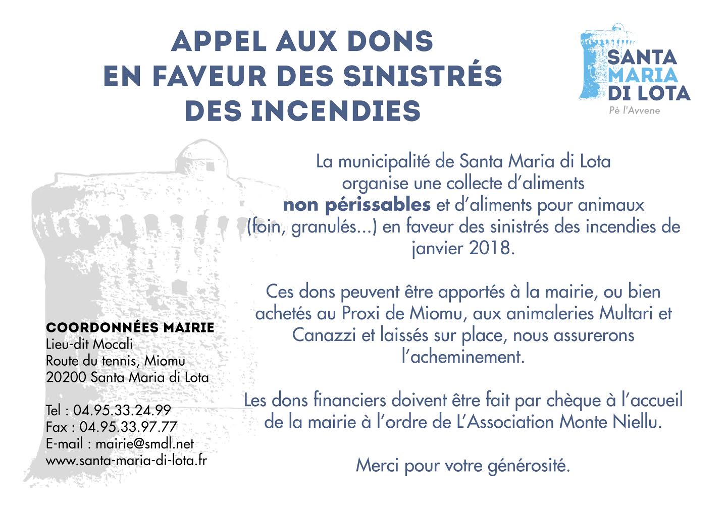 Santa Maria di Lota : Collecte de dons en faveur des sinistrés des incendies