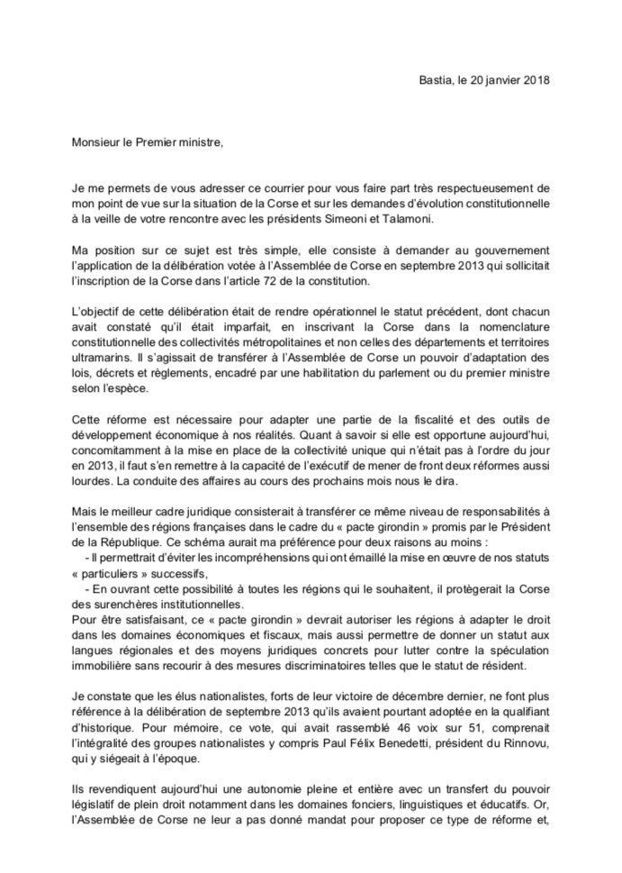Evolution constitutionelle : François Tatti écrit au Premier ministre