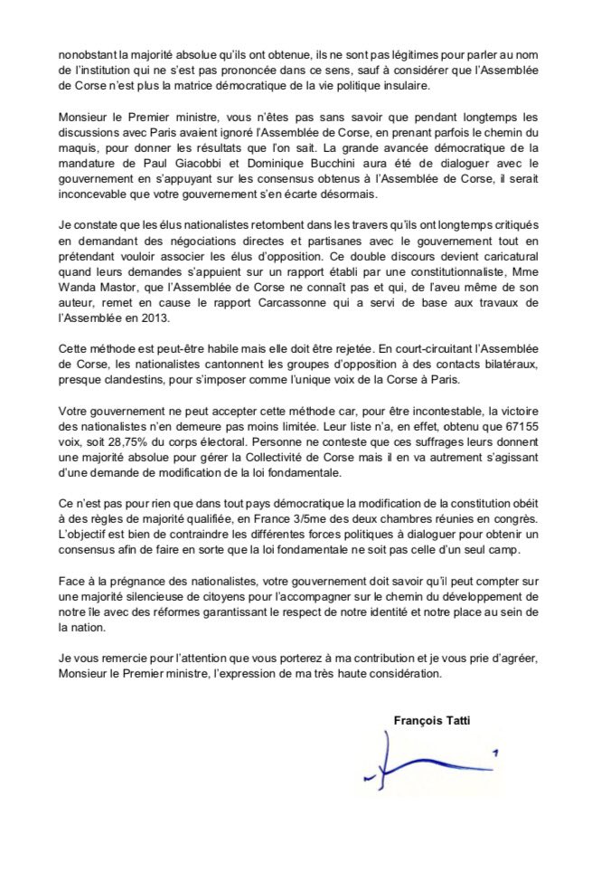 Evolution constitutionelle : François Tatti écrit au Premier ministre