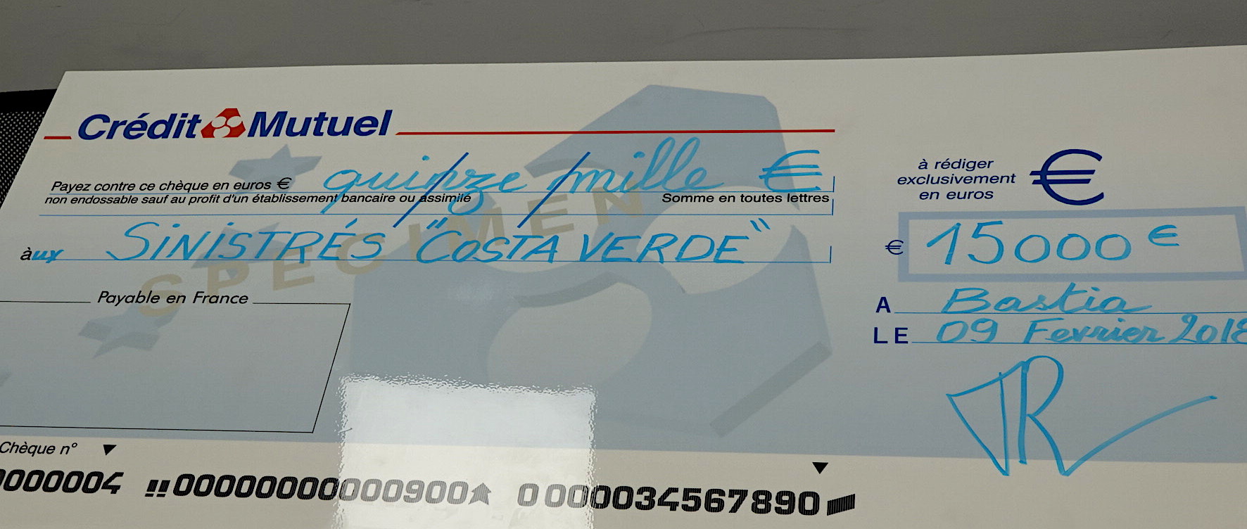 Crédit Mutuel de la Corse : 15 000€ pour les sinistrés de Costa Verde