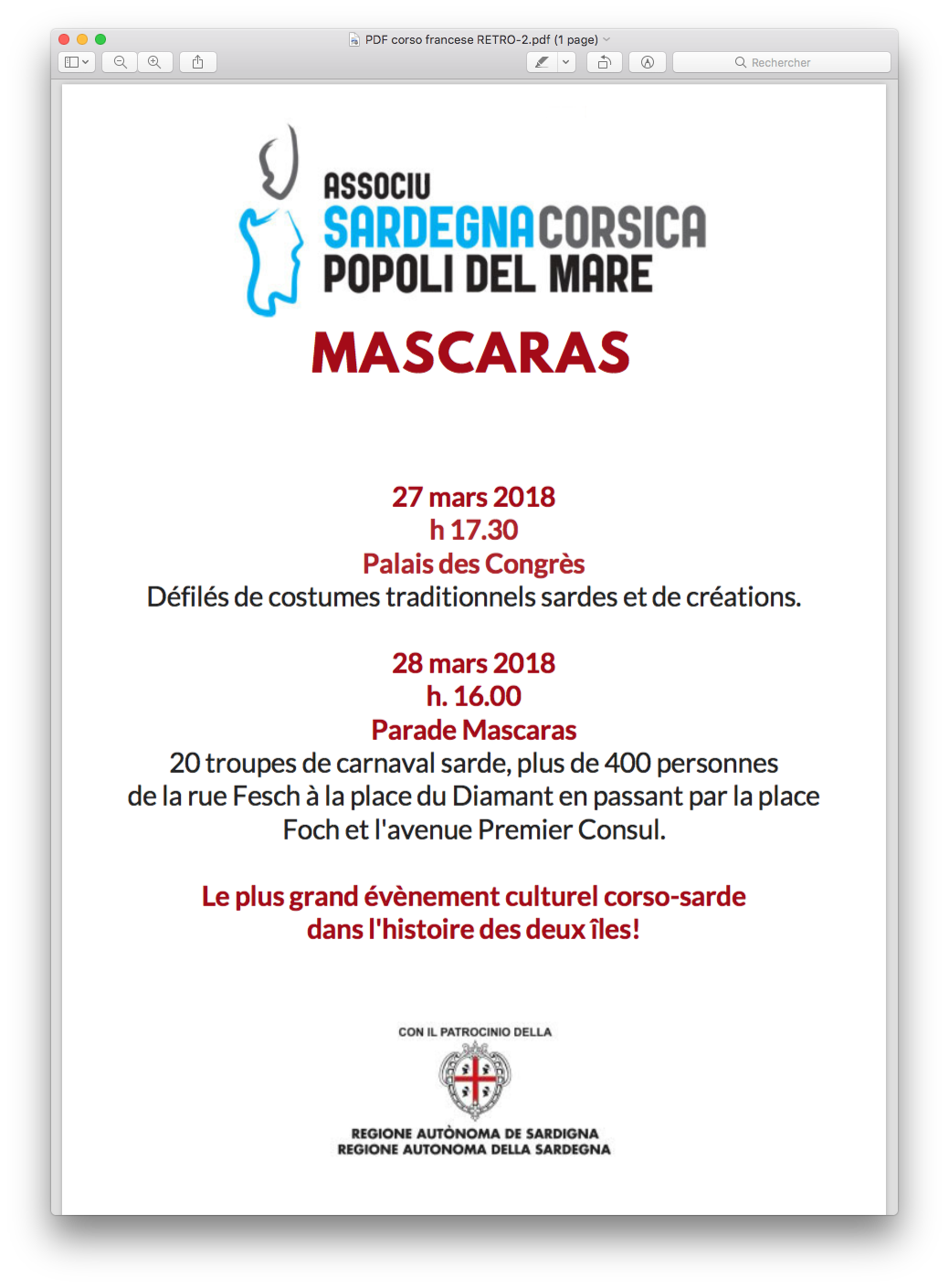 Mascaras : Le carnaval sarde à Ajaccio les 27 et 28 mars