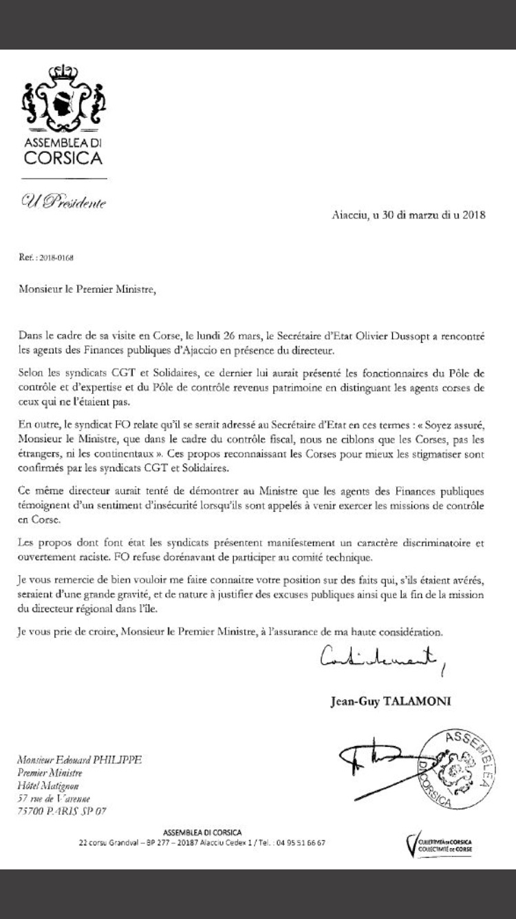 Propos anti-corses : Les syndicats et Jean-Guy Talamoni demandent le départ du directeur des Finances publiques 