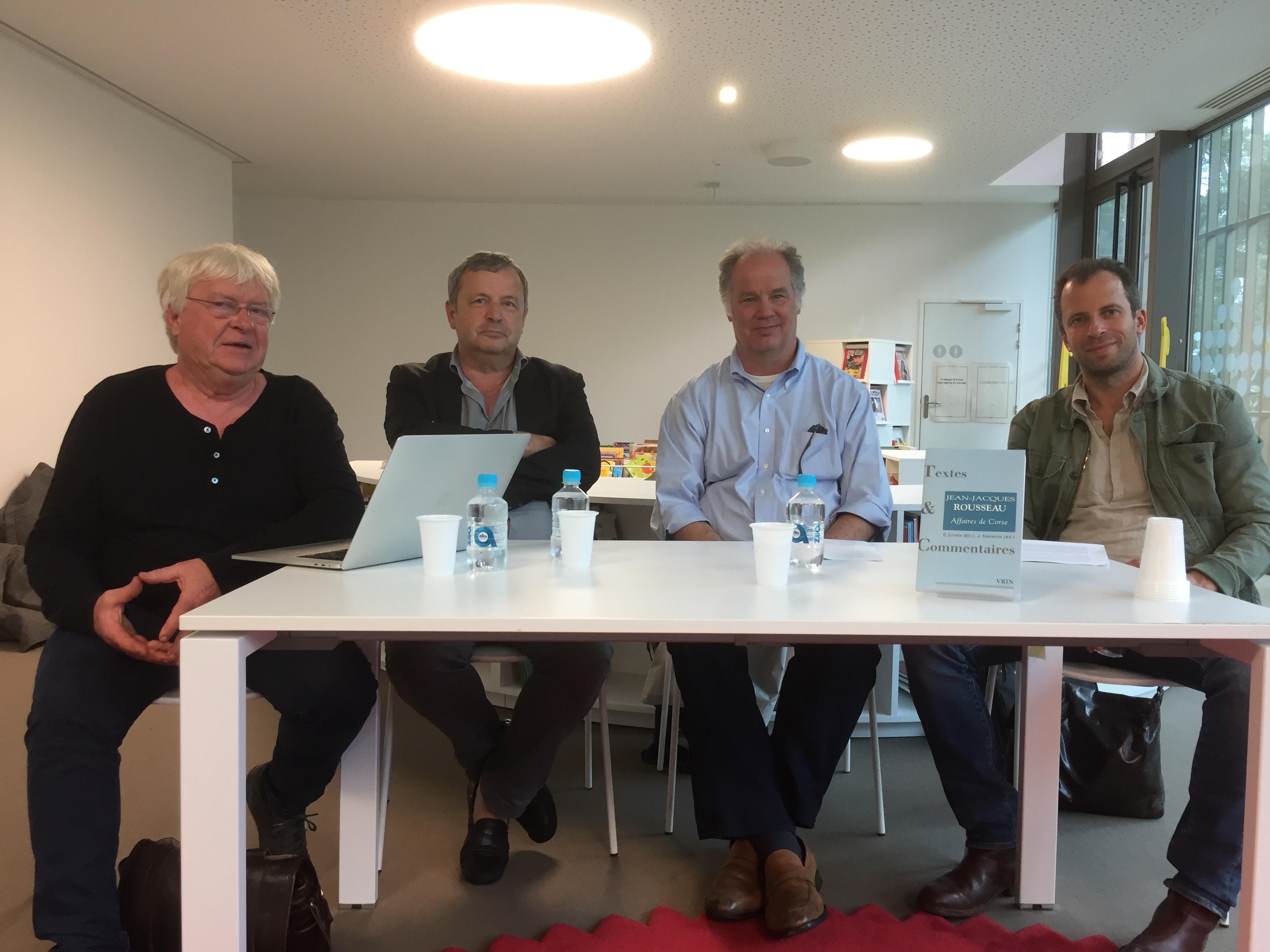 Bruno Bernardi, coordinateur du groupe Jean-Jacques Rousseau, Antoine-Marie Graziani Professeur à l’Université de Corse, James Swenson, professeur de littérature française à l’université Rutgers  du New Jersey et Christophe Litwin, professeur à l’Université d’Irvine en Californie ont présenté Le livre « JJ Rousseau : affaires de Corse »