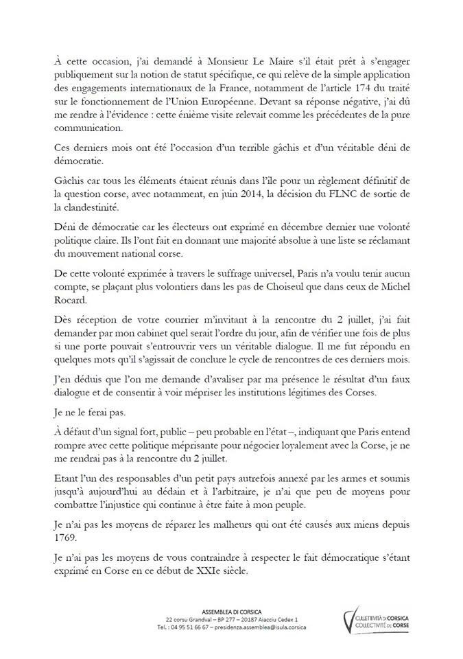 Jean-Guy Talamoni refuse l’invitation du Premier ministre de se rendre à Matignon