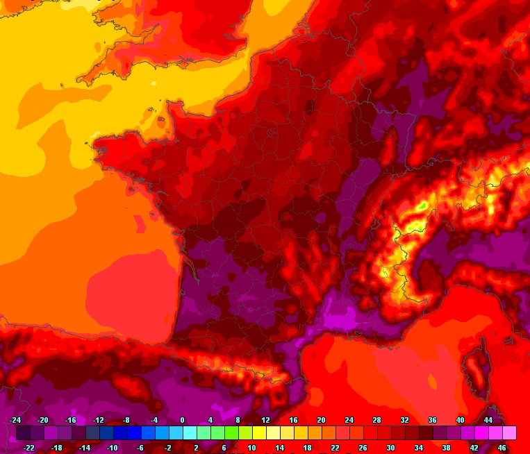 Vague de chaleur : carte pour le 2 aout vers 16h Source Météo France