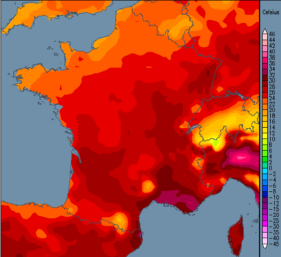 Températures prévues lundi en mi-journée
