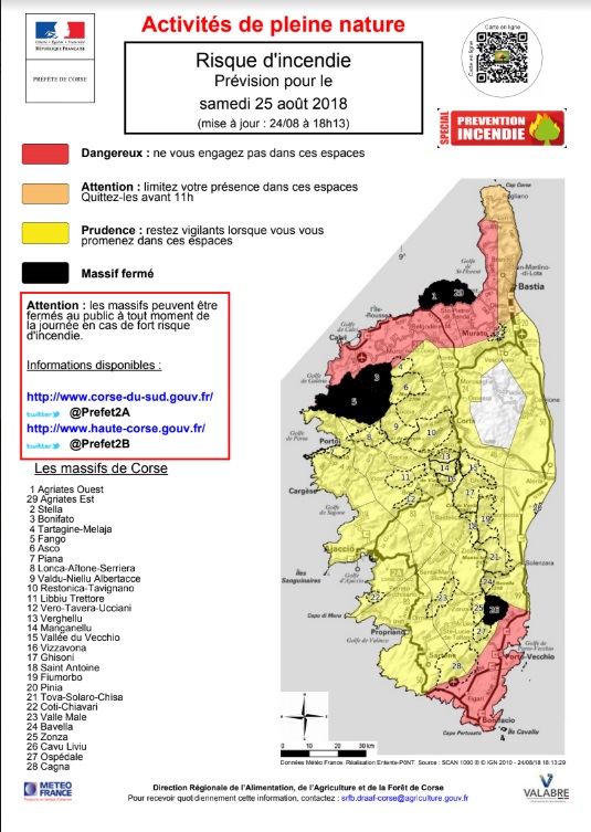 Carte des risques d'incendie en Corse demain samedi: Cinq massifs sont fermés se samedi 25 août